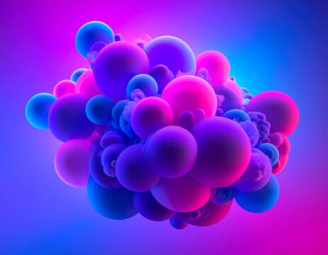 A vibrant, neon-lit cluster of spheres, ranging in size and merging together in a dynamic, abstract composition, illuminated by a gradient