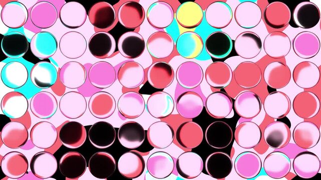 3D animated loop of playful glass spheres over a morphing fluid neon pink and cyan candy-colored geometric grid background