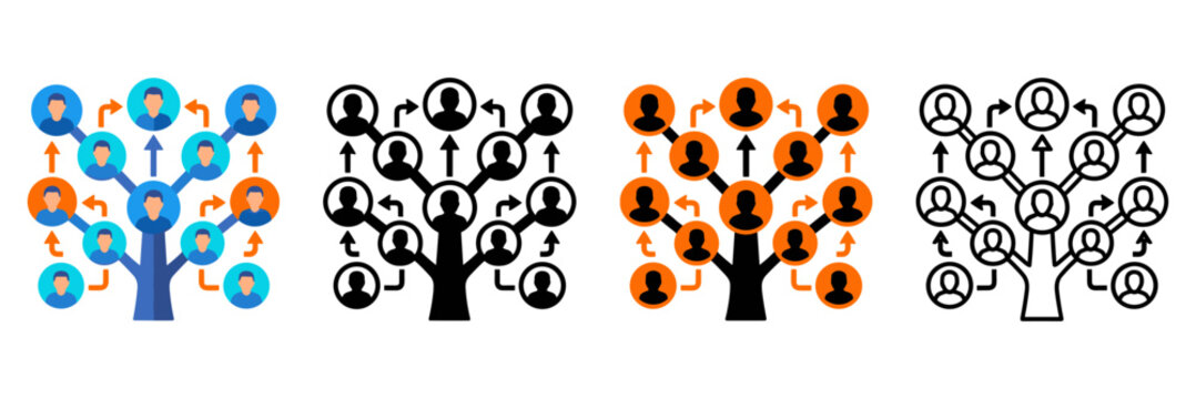 Leadership Development Icon with Leadership Tree, Employee Network and Growth Symbols in Flat, Silhouette, Outline and Glyph Design