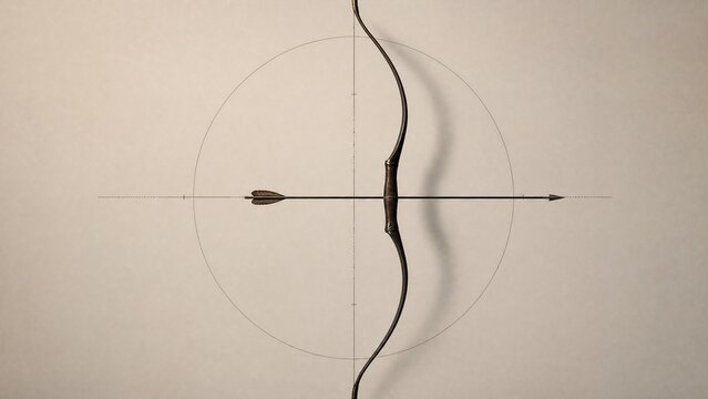 A bowstring with an arrow, overlaid with a subtle crosshair motif on a clean background.