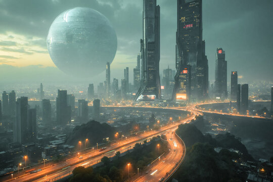 Peaceful high-tech futuristic evening city
