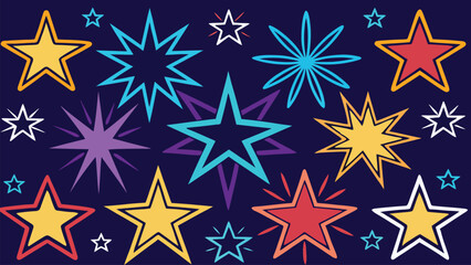 Obraz premium Colorful glowing geometric star shapes pattern on dark blue background for festive space design
