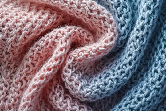 Curled pink-blue knitted soft fabric made of pure wool. Top view.