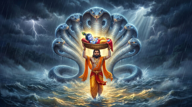 Divine baby Krishna protected by Sheshnag during stormy night spiritual Janmashtami mythology artwork