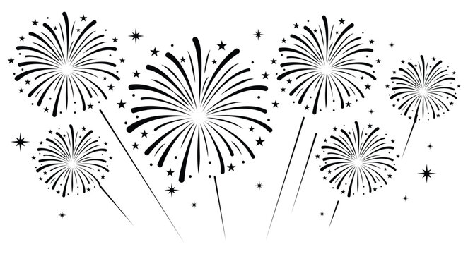 Minimalist firework icon burst vector illustration with small stars. Clean festive element isolated on a white background.
