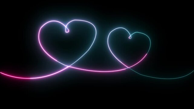 Abstract neon shine love icon animation on black background. Abstract glowing neon minimal heart icons in a row, each gently pulsing