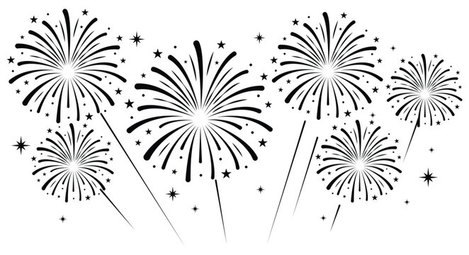 Minimalist firework icon burst vector illustration with small stars. Clean festive element isolated on a white background.