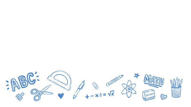 Hand drawn blue doodle school equipment ABC text scissors protractor atom on a clean white background and copy space for educational banners. back to school.