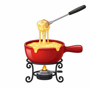 Swiss cheese fondue set with pot and dipping fork vector illustration