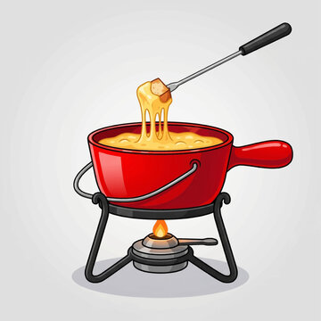 Swiss cheese fondue set with pot and dipping fork vector illustration