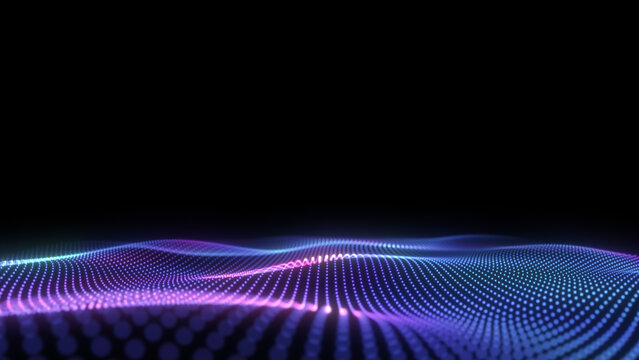  luminous cyber displacement grid. dynamic light background. smooth screensaver 3D technology. Abstract glowing particle wave landscape. blue purple digital data flow terrain.