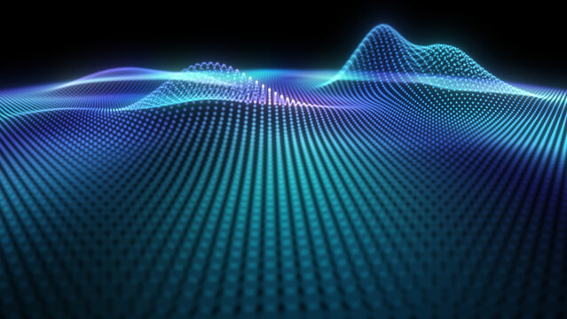 Blue glowing surface with wavy grids. Modern performance backdrop in turquoise blue black background. neon background digital graphic landscape of dots.
