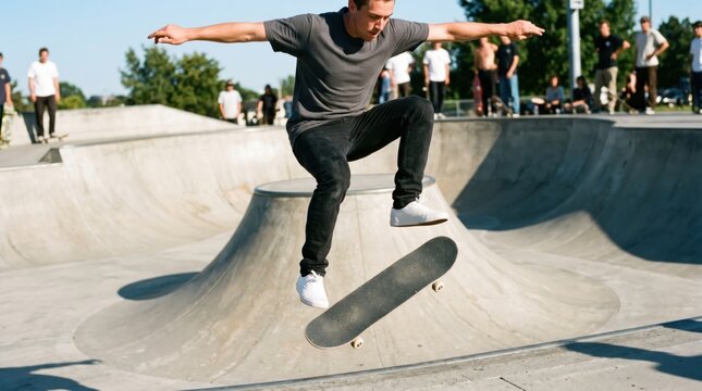 Young man performing jump trick on skateboard at concrete skatepark. Extreme sport athlete practicing kickflip movement. Urban youth lifestyle, hobby and active recreation concept.