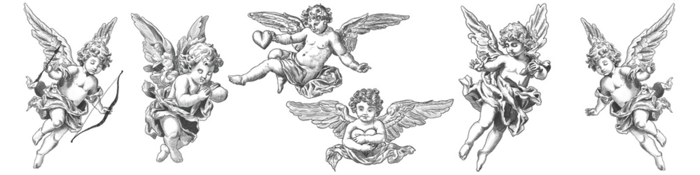 Set Vintage Cupids scribble isolated on white background Freehand. Texture of writing materials. Handwritten valentines doodles and pencil strokes. Hand drawn cupidon. Line art, vintage engraving	
