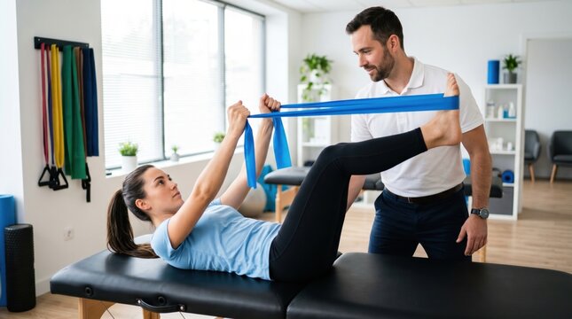 Physiotherapist helping woman with resistance band exercise in clinic. Rehabilitation session for muscle injury recovery. Professional healthcare treatment to improve body physical mobility.