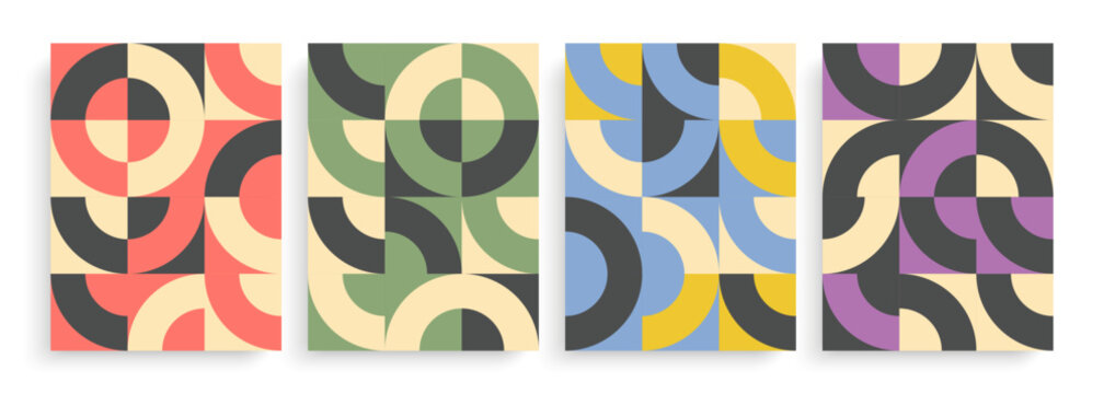 Bauhaus Style Abstract Posters with color geometric shapes. Set of backgrounds for modern creative graphic designs. Vector illustration.
