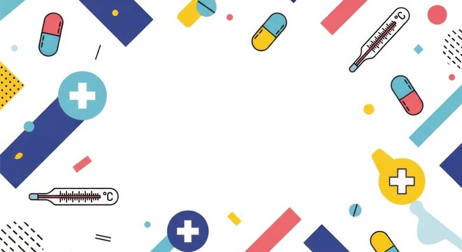 Medical background with flat line icons and geometric shapes, healthcare and medicine concept.