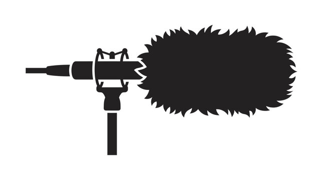 Professional shotgun microphone with windjammer for audio recording.