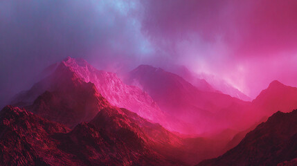Fototapeta premium Dramatic fantasy mountain landscape with vibrant pink and purple clouds