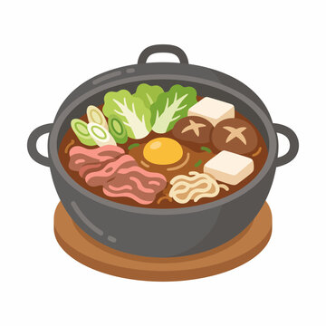 Hearty Japanese sukiyaki nabe hot pot with beef and egg vector illustration