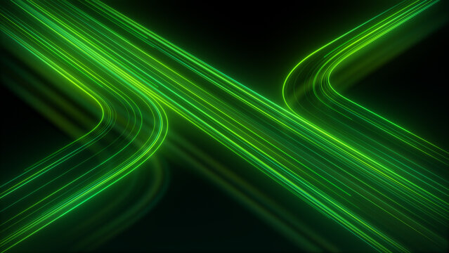 Glow Green glowing tech background. Green neon light trails glowing speed lines crossing dark background. Abstract luminous futuristic laser streak. Green energy flow eco highway transfer.