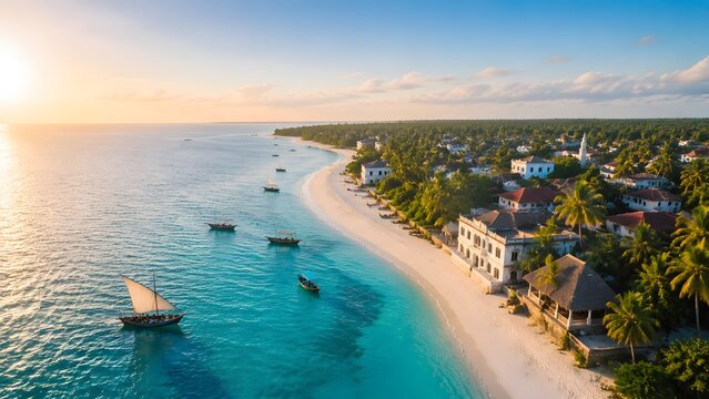 Aerial view of a tropical beach in Zanzibar with traditional dhow boats at sunset over blue water