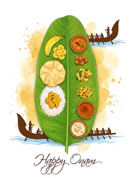 Traditional onam sadya feast served on banana leaf with boat race illustration