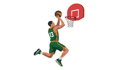 Basketball player jumping to shoot ball into hoop vector illustration © goesti