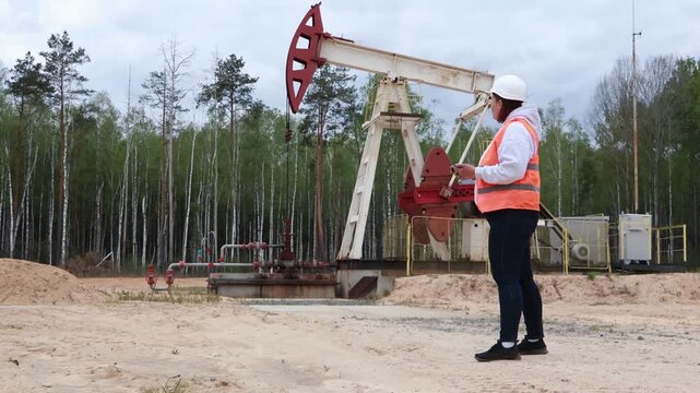 An oil field worker wearing a white hard hat and orange safety vest inspects a large pumpjack in a natural forest environment