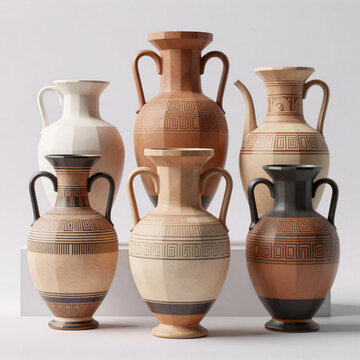 Low Poly Ancient Jug. Sketch A Linear Illustration Showcasing An Ancient Greek Collection Of Amphorae And Vases