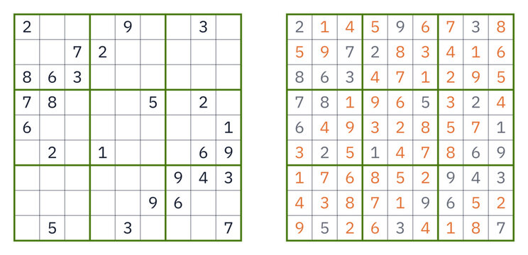 A vector of expert-level classic Sudoku puzzle with solved and unsolved grids  