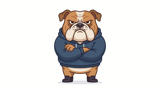 Grumpy bulldog cartoon character wearing a blue hoodie with arms crossed