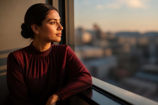 Thoughtful woman looking out the window in warm evening light