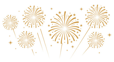 Gold fireworks with bold, rounded starburst trails exploding over a white background. Festive celebration and holiday event vector layout. © bibin