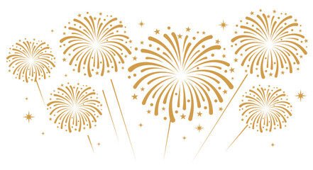 Gold fireworks with bold, rounded starburst trails exploding over a white background. Festive celebration and holiday event vector layout. © bibin