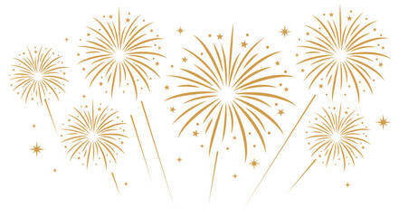 Gold fireworks with bold, rounded starburst trails exploding over a white background. Festive celebration and holiday event vector layout. © bibin