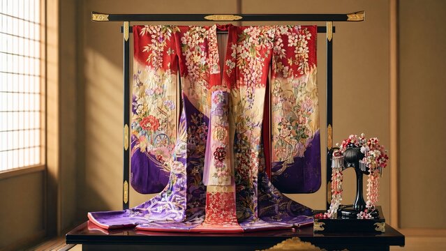 Magnificent kimono and ornate hairpiece displayed on a lacquered stand.