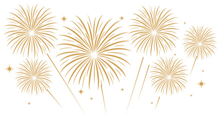 Gold fireworks with bold, rounded starburst trails exploding over a white background. Festive celebration and holiday event vector layout. © bibin