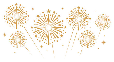 Gold fireworks with bold, rounded starburst trails exploding over a white background. Festive celebration and holiday event vector layout. © bibin