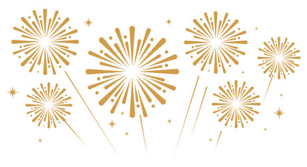Gold fireworks with bold, rounded starburst trails exploding over a white background. Festive celebration and holiday event vector layout. © bibin