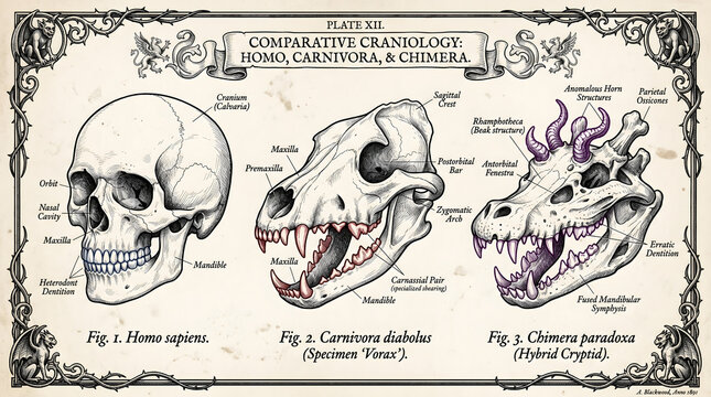 Comparative craniology of human, carnivora, and chimera skulls illustrated