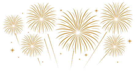 Gold fireworks with bold, rounded starburst trails exploding over a white background. Festive celebration and holiday event vector layout. © bibin