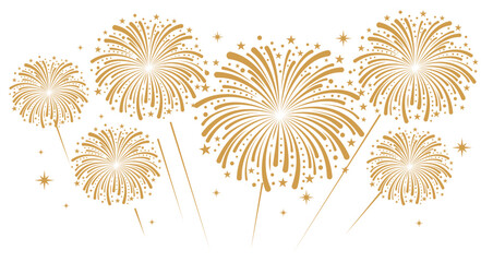 Gold fireworks with bold, rounded starburst trails exploding over a white background. Festive celebration and holiday event vector layout. © bibin