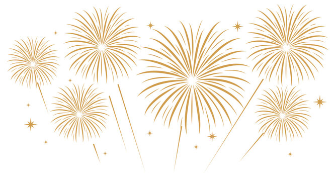 Gold fireworks with bold, rounded starburst trails exploding over a white background. Festive celebration and holiday event vector layout.