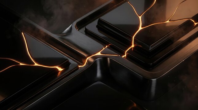 Abstract dark background with glowing orange cracks and liquid light