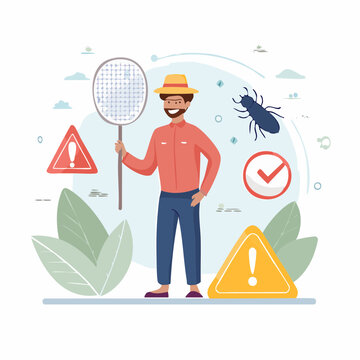 Pest Control Professional with Net and Warning Signs