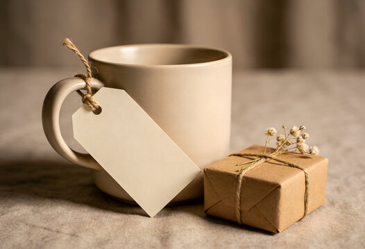 Cozy beige mug with gift and tag on rustic table