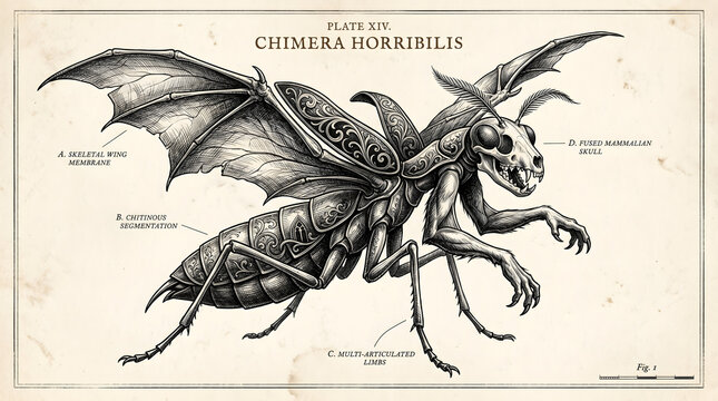 Ancient illustration depicts Chimera Horribilis creature with insect wings claws