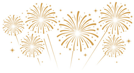 Gold fireworks with bold, rounded starburst trails exploding over a white background. Festive celebration and holiday event vector layout. © bibin