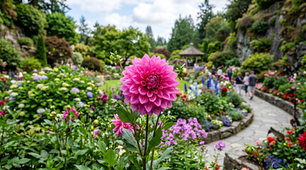 Obraz premium A pink dahlia flower at Butchart Garden in Victoria, BC Canada